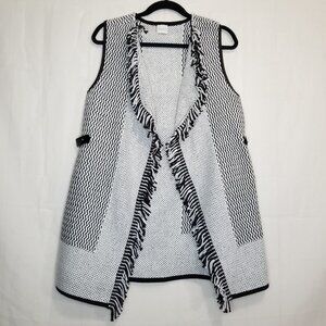 Chico's Gigi Textured Sweater Vest ivory black size S? knit fringe pleather trim